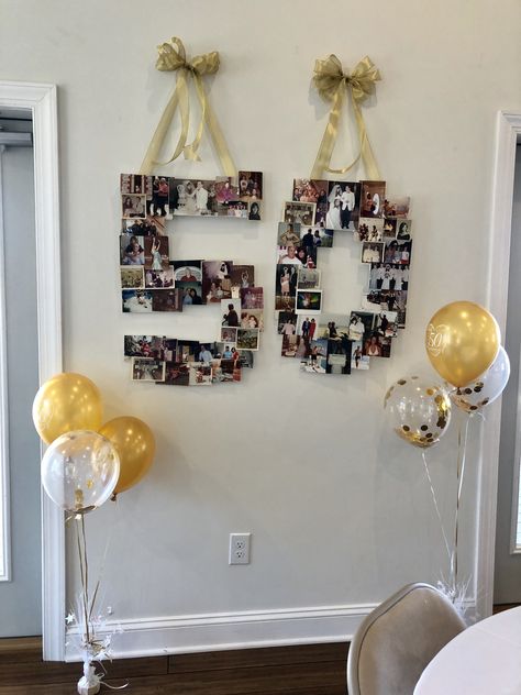 50th Wedding Anniversary Picture Board, 40th Anniversary Surprise Party, 50th Anniversary Picture Ideas Photo Displays, Anniversary Picture Board, 50anniversary Decorations, Anniversary Photo Decoration Ideas, Anniversary Surprise Party For Parents, Decoration For 50th Anniversary, Food For Anniversary Party