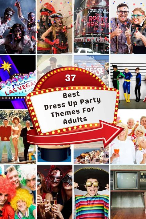 Check out all these great ideas for dress up party themes for adults. Throwing an adult dress up party is a great way to be sure your party is a hit and your friends all have a good time. Best Costume Party Themes, Group Party Themes, Dress Up Party Ideas For Adults, Theme Dress Up Party Ideas, Adult Costume Party Themes, Party Themes For Adults Dress Up, Costume Themed Party Ideas For Adults, Dress Up Themes For Adults, Theme Party Ideas For Adults Dress Up