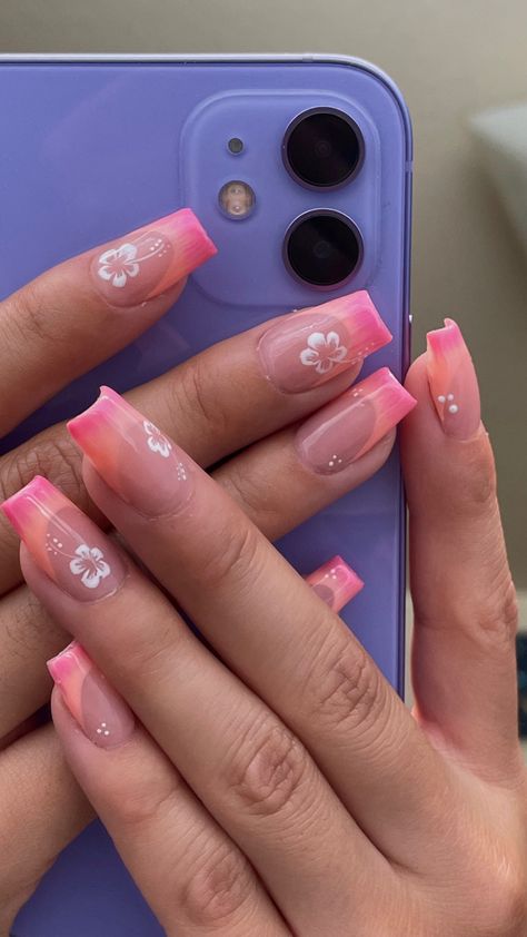 Bright pink and orange French tips coffin shaped gel x nails Stitch Nail Art Simple, Nails Inspiration Hawaii, Tropical Nail Ideas Hawaii, Nails Holiday Summer Beach, Y2k Beach Nails, Tropical Nail Designs Short, Simple Hawaii Nails, Short Holiday Nails Summer, Short Hawaii Nails