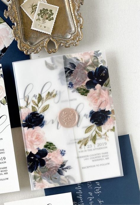 Navy and Blush Vellum Wrap Jacket for DIY Wedding Invitation - WITHOUT wax seal.#WeddingInvitations #WeddingStationery #Invitation #WeddingPlanning #CustomInvitations Navy Blue And Mauve Wedding Theme, Wedding Navy Blue And Pink, Navy Blue And Blush Wedding Cake, Royal Blue And Rose Gold Wedding, Navy Blue Wedding Theme Color Schemes, Navy Blue And Blush Pink Wedding, Dusty Rose And Navy Wedding, Navy Blush Gold Wedding, Dusty Rose Wedding Theme