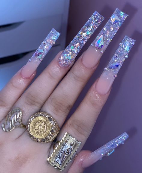 Iridescent Rhinestone Nails, Glam Nail Ideas, Full Bling Nails, Pink Sets, Bedazzled Nails, Nail Designs Bling, Long Acrylic Nail Designs, Baddie Nails, Cute Acrylic Nail Designs