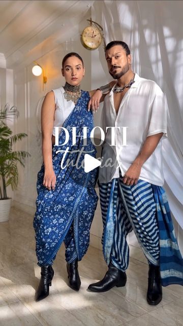 Dhoti Fashion Men, How To Wear Dhoti For Men, Jeans Saree Fusion, Draping Styles Saree, Dhoti Drape Saree, Indigo Saree Styling, Traditional Outfit Men, Saree Drapes Styles, Dhoti Women