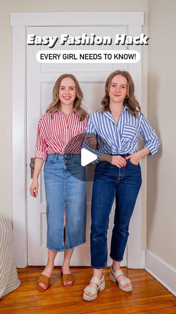 How To Style Collared Shirt Women, How To Tie Button Up Shirts Women, Tuck Shirt Into Skirt, How To Style A Striped Button Down Shirt, Tuck Button Down Shirt Women, How To Style A Collared Shirt, How To Tuck In A Button Up Shirt, How To Style Blouse, How To Button A Shirt Hack