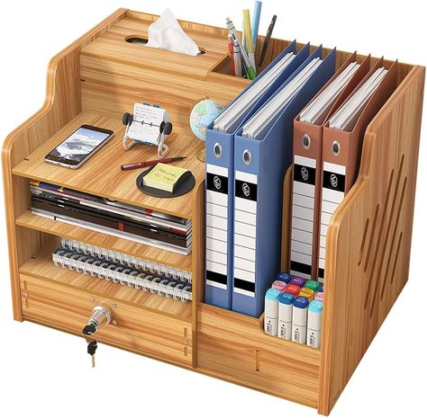 Updated Wooden Desktop Organiser with Drawer, Large Capacity Desk Tidy Storage Holder File Rack A4 Paper Document Sorter DIY Office Supplies Storage Box for Home, Office and School(JB07-2 Cherry Wood) : Amazon.co.uk: Stationery & Office Supplies Diy Office Supplies, Wall Calendar Organizer, Office Supplies Storage, Desktop Organiser, Wooden Pen Holder, Office Supply Storage, Brown Desk, Wooden Desk Organizer, Office Stationary