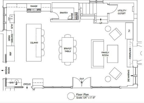 Open Concept Kitchen Family Room Floor Plan. Kitchen Floor Plan. Kitchen Layout Ideas. Open Concept Kitchen Family Room Floor Plan. The room is 35'-8" long by 23'-5" deep. The kitchen portion is within that (12'-5" by 23'-5"). #OpenConcept #Kitchen #FamilyRoom #FloorPlan Heydt Designs. Benjamin Dhong Interiors. Open Concept Kitchen Living Room Straight, Floorplan Open Concept, Open Space Kitchen Dining Living, Floor Plan Open Concept Layout, Living Room And Kitchen Floor Plan, Open Plan Living Floor Plan, Long Narrow Kitchen Dining Living Room Layout, Kitchen Layout With Patio Doors, Rectangle Kitchen Dining Living Layout