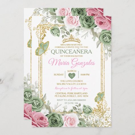 Sage Green QuinceaÃ±era Pink Gold Crown Butterfly Invitation Zazzle Sage Green And Champagne Quinceanera Theme, Sage Green And Silver Quinceanera Theme, Light Green Quince Invitations, Sage Green Xv Invitations, Sage Green Enchanted Forest Quince, Sage Quinceanera Invitations, Sage Quince Invitations, Sage Quince Makeup, Sage Green Quinceanera Invitations