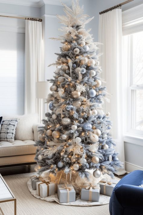 blue and silver Christmas decoration ideas including white christmas trees, blue ribbons, blue ornaments and more Silver Christmas Tree Ideas, Creative Christmas Tree Ideas, Wrapping Hacks, Blue And Silver Christmas, Decor Natal, Grey Christmas Tree, Xmas Inspiration, Blue Christmas Tree Decorations, Christmas Arch