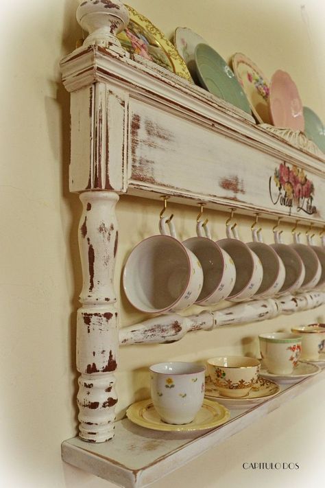 How to Organize Your Kitchen Instantly with an Old Footboard Shabby Chic Project Idea Project Difficulty: Simple MaritimeVointage.com   #shabbychic  #shabby  #chic Chic Kitchen Decor, Shabby Chic Kitchen Decor, Morning Wood, Shabby Chic Dresser, Wood Floating Shelves, Repurposed Items, Shabby Chic Kitchen, Chic Kitchen, Farm Style