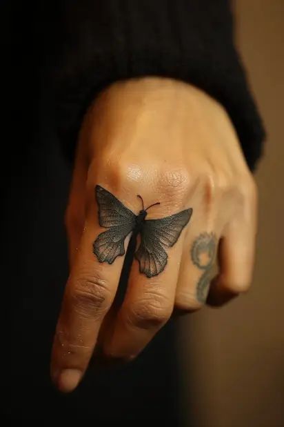 finger tattoos for women 7 Hand Tattoos For Women Sleeve, Small Unique Hand Tattoos, Butterfly Tattoo On Fingers, Hand Bee Tattoo, Butterfly Knuckle Tattoo, Snp Tattoo Ideas, Butterfly Finger Tattoos For Women, Women’s Butterfly Tattoo, Beetle Finger Tattoo