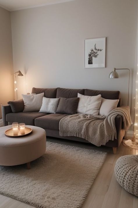 Small Apartment Aesthetic Minimalist, Small Cosy Living Room Ideas, Aesthetic Minimalist Pink, Dark Sofa Living Room, Dark Brown Sofa Living Room, Dark Couch Living Room, Sofa Ideas Living Room, Small Couches Living Room, Apartments Living Room