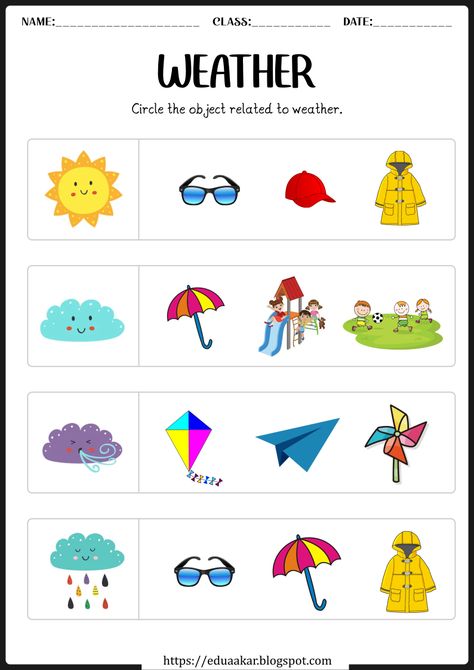 Matching Weather Worksheet, Activity Worksheets For Kindergarten, Worksheets On Seasons For Kindergarten, Learning Materials For Kindergarten, Teaching Weather Kindergarten, Weather Lesson Plans Kindergarten, Kinds Of Weather Worksheet, Weather Learning Activities, Seasons For Preschoolers