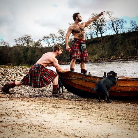 When you pose for a photo and the dog tries to help push the boat with you. #funnydogs #posingtwats #kilts #manpose #muscle #onwards #tallyho Scottish Man, Great Scot, Highland Games, Scottish Kilts, Men In Kilts, Silver Fox, Male Art, Kilt, Bearded Men