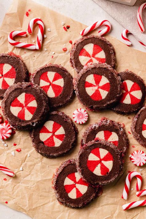 These slice and bake chocolate peppermint sugar cookies have crisp edges, soft and chewy middles, and an easy peppermint candy design. Slice And Bake Cookies, Christmas Cookie Boxes, Peppermint Sugar Cookies, Chocolate Peppermint Cookies, Candy Design, Cookie Boxes, Peppermint Sugar, Chocolate Cookie Dough, Peppermint Cookies