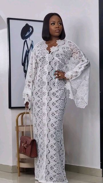 Cord Lace Gown Styles Aso Ebi, Bubu Gown Styles Lace, Latest Cord Lace Styles, Cord Lace Gown Styles, Simple White Lace Dress, Cord Lace Styles, White Lace Outfit, Latest Lace Styles, Lace Dress Classy