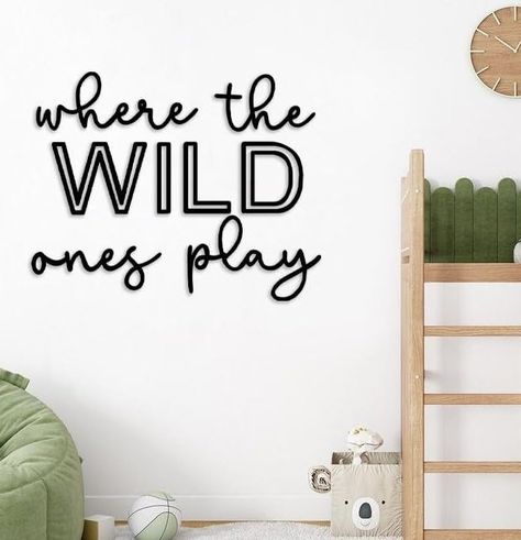 Playroom Vinyl Wall Decals, Black Wall Playroom, Playroom Decoration Ideas, Brother Sister Playroom Ideas, Playroom Decorations, Olive Green Playroom, Neutral Playroom Decor, Playroom Wall Decor Ideas, Wall Decor Sayings