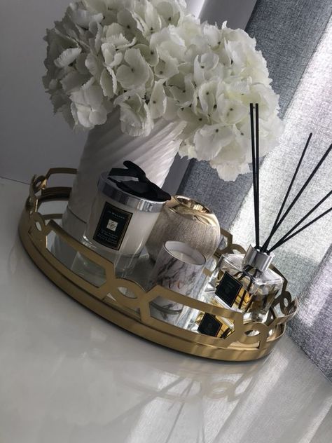 My Vanity Tray Decor Mirror Tray Bathroom, Gold Table Decorations Home, Wide Mouth Floor Vase Arrangement, Bathroom Vanity Tray Styling, Gold Decorative Tray, Gold Tray Decor Bedroom, Mirror Tray On Coffee Table, Mirror Tray Decor Ideas Living Room, Decor Tray Ideas Living Room