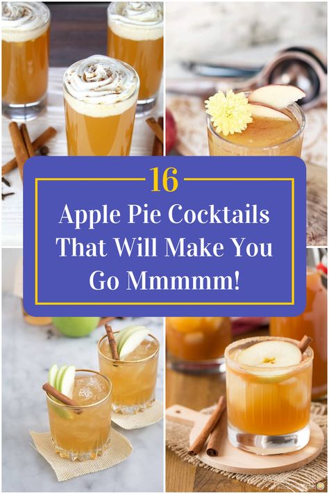 Collage of 4 apple pie cocktails. Apple Cocktails Recipes, Fall Apple Cocktail Recipes, Hot Apple Pie Cocktail, Apple Pie Vodka Drinks, Apple Pie Mimosa, Apple Pie Alcohol Drink, Dr Mcgillicuddy Apple Pie Drinks, Hot Apple Pie Drink Alcohol, Apple Cinnamon Cocktail