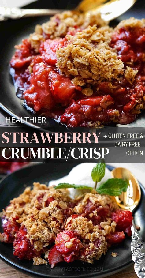 A delicious strawberry crumble recipe with healthier ingredients. This strawberry dessert comprises a caramelized strawberry filling topped with a mixture of rolled oats, sweetener, butter, and a touch of flour. It all goes into the oven and is baked until it’s golden brown, crisp and bubbly similar to a strawberry crisp. This strawberry crumble recipe can be made gluten free, dairy free, vegan and still taste delicious. #strawberrycrumble #strawberrycrisp #strawberrydessert #healthydessert Fresh Strawberry Crumble, Vegan Strawberry Cobbler, Gf Strawberry Rhubarb Crisp, Strawberry Rubato Crisp, Strawberry Rhubarb Crisp Gluten Free, Gluten Free Dairy Free Strawberry Dessert, Using Up Strawberries, Gluten Free Desserts With Strawberries, Strawberry Dairy Free Dessert