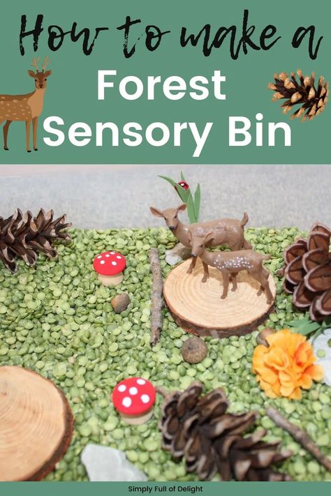 woodland sensory bin with green split peas, wooden elements, and pinecones Forest Sensory Bin, Sensory Bin For Preschoolers, Forest Animals Preschool, Woodland Activities, Forest Preschool, Wood Mushrooms, Forest Animals Theme, Forest Crafts, Toddler Sensory Bins