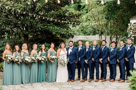 Eucalyptus And Navy Wedding, Summer Wedding Party Attire, Rose Color Palette, Sage Green Wedding Theme, Navy Wedding Colors, Blue Groomsmen, Sage Green Tie, Blue Green Wedding, Navy Suits