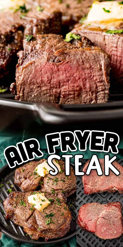 Air Fryer Steak is incredibly tender and juicy with a light crisp coating that cooks in just 14 minutes, making for a quick yet tasty dinner! You may never want to cook a steak any other way again! via @sugarandsoulco Airfryer Meals, Air Fry Steak, Building Kitchen, Strip Steak Recipe, Beef Recipe Instant Pot, Air Fryer Steak, Cooks Air Fryer, Tender Steak, Fried Steak