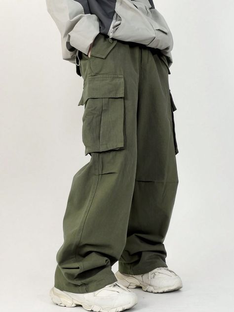 Verde militar Calle Collar  Tela tricotada Liso Pantalones cargo Embellished No-Elástico Soft Cargo Pants, Cargo Pants Style Man, Cool Pants For Men, Green Cargos Men, Men Clothes Aesthetic, Men’s Pants, Mens Clothing Style, Wide Leg Cargo Pants Outfit, Cargo Ideas