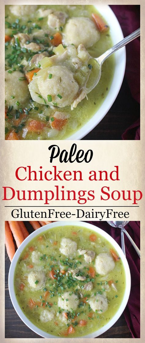 Paleo Chicken and Dumplings Soup - Real Food with Jessica Paleo Dumplings, Paleo Chicken Soup, Chicken Dumpling Soup, Paleo Soup, Paleo Meal Plan, Dumplings For Soup, Paleo Diet Recipes, Paleo Lunch, Paleo Chicken