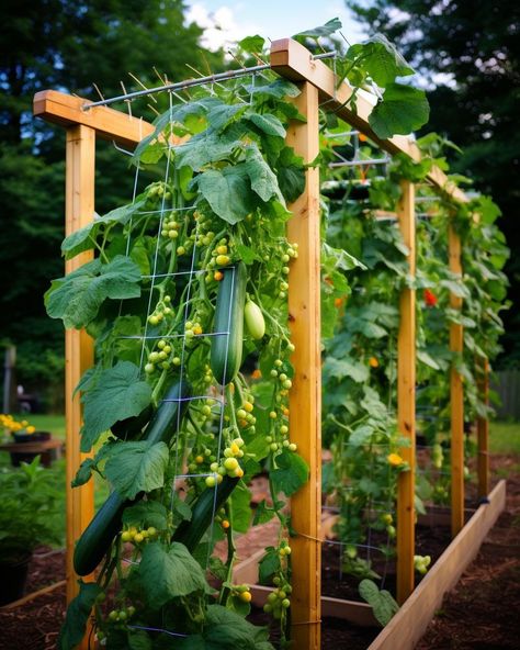 The right way to build a cucumber trellis (step-by-step guide) Diy Vegetables Garden Ideas, Veggie Trellis Ideas, Cucumber Plants Trellis, Raised Bed With Trellis, Tomato Structure, Veggie Trellis, Vegetable Garden Trellis Ideas, Zucchini Trellis, Tomato Plant Trellis