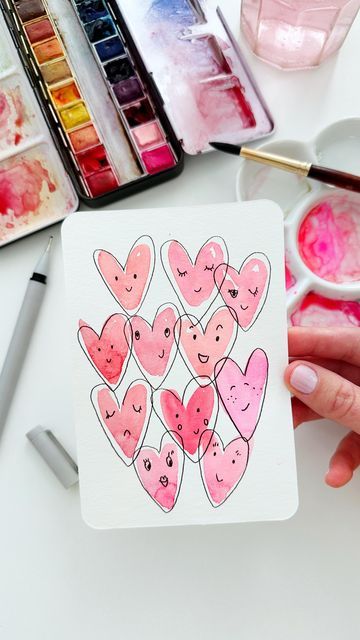 Watercolor Creative Ideas, Cute Watercolor Paintings For Boyfriend, Cute Doodles Watercolor, Doodles With Watercolor, Watercolor Cards Diy Simple, Valentines Water Color Cards, Watercolor Cards For Beginners, Valentine’s Day Cards Diy Watercolor, Last Minute Card Ideas