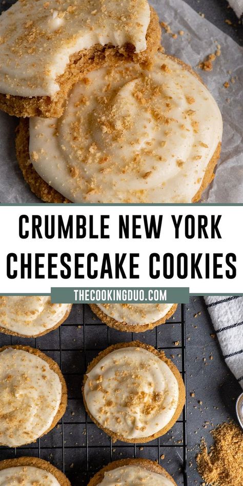 New York cheesecake cookies on a cooking rack. New York Cream Cheese Cookies, New York Cheesecake Crumble Cookie, New York Cheesecake Cookies Recipes, Crumble Cookie Copycat Recipe Cheesecake, Keto Copy Cat Crumble Cookie, Crumbl New York Cheesecake Cookie, Crumbl Cookie Copycat New York Cheesecake, Cream For Cookies, Cookie Recipes Cheesecake