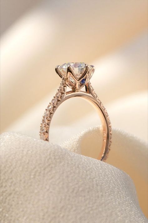 1 point 3 carat round diamond on a 14 k rose gold French pave tulip 6 prong cathedral peek a boo  blue sapphire ring Wedding Rings 1 Carat, Cathedral Ring Setting, Cathedral Ring, Pretty Engagement Rings, Cathedral Engagement Rings, Prong Engagement Rings, Cute Engagement Rings, Wedding Rings Round, Future Engagement Rings