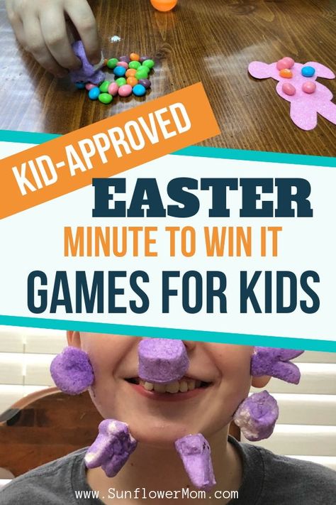 These 9 hilarious kid-approved Easter games of minute to win it games answer the question as to what do with all the leftover Easter candy. Enjoy these best minute to win it games for Easter with your kids. #easter #eastercandy #games #sunflowermom Easter Minute To Win It, Olympic Games For Kids, Hatchimals Colleggtibles, Easter Bingo, Easter Puzzles, Easter Games For Kids, Easter Party Games, Candy Egg, Minute To Win