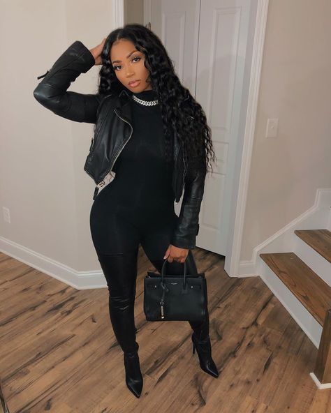 Black Jumpsuit Outfit, Black Leather Jacket Outfit, Fashion Nova Outfits, Outfits Spring, Dinner Outfits, Cute Swag Outfits, Black Women Fashion, Outfits Winter, Fall Fashion Outfits