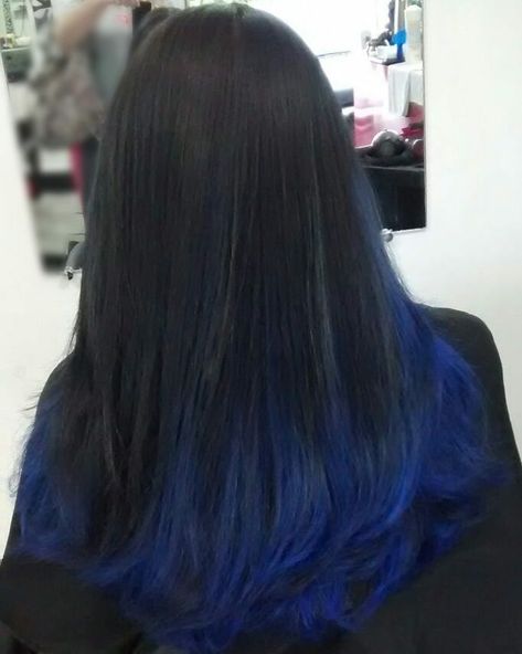 Black Hair Blue Ombre, Black Hair With Blue Tips Ombre, Blue Bolyoge Hair, Dark Blue Ends Hair, Dark Brown Hair With Blue Tips, Blue Ombre Hair Straight, Blue Hair Ends Dip Dyed, Blue Ends On Black Hair, Black Hair With Blue Ends