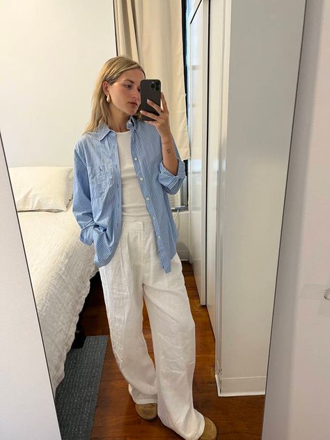 How to Wear the Summer Pants French and Italian Women Love | Who What Wear Linen Trousers And Shirt, White Linen Pants Outfit Work, White Cotton Pants Outfit, Cotton Pants Outfit, Linen Trousers Outfit, Linen Pants Outfit Summer, White Linen Pants Outfit, White Linen Trousers, Linen Pants Outfit