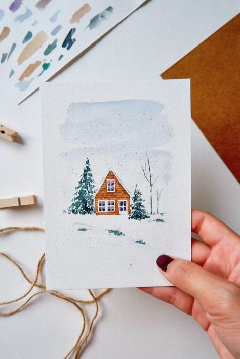 Wooden house in snowy winter painted in watercolor #watercolor #winter #snowy #illustration #postcard # christmas Christmas Watercolor Ideas Xmas Cards, Watercolor Christmas Cards Diy, Illustration Postcard, Watercolor House Painting, Watercolor Postcard, Watercolor Winter, Watercolor Paintings For Beginners, Winter Watercolor, Christmas Card Art