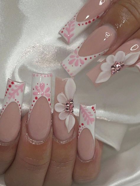 Upgrade Your Look With 24pcs/Set Coffin Shape Pink Line & White Flower Design With Pink Rhinestone Incorporation 3d Nail Tips Fashionable Manicure Set For Party, Dancing, And Daily Wear Press On Nails Nail Supplies Short Square Acrylic Nails Butterfly, Short Acrylic Nails Designs Pink Butterfly, Short Square Acrylic Nails 3d Flowers, Tapered Square Nails 3d Flowers, 3d Gel Flower Nails Square, Nail Short, Party Dancing, Nails Trends, May Nails