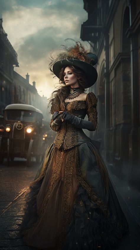 Victorian woman created with AI by Amanda Church Images Victoriennes, Mode Steampunk, Carpet Outfits, Red Carpet Outfits, Old Fashion Dresses, Hur Man Målar, Victorian Steampunk, Victorian Lady, Victorian Women