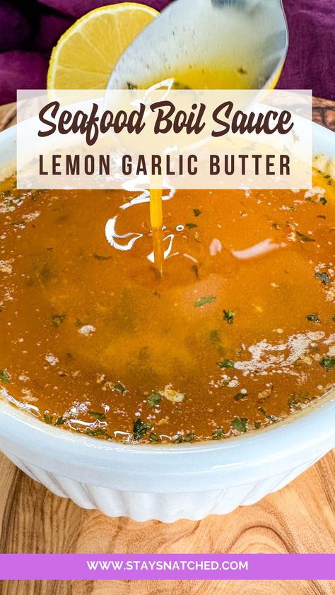 This ultimate Seafood Boil Sauce is perfect for shrimp, crab, crawfish, and more. This buttery rich, flavorful blend combines the perfect balance of Old Bay Seasoning, parsley, lemon, and garlic to elevate your spread to the next level. Lemon Pepper Seafood Boil Sauce, Crawfish Boil Sauce, Easy Seafood Boil Sauce, Seafood Boil Butter Sauce Recipe, Butter Sauce For Seafood Boil, Sauce For Seafood Boil, Crab Boil Sauce Garlic Butter, Crab Boil Sauce, Seafood Boil Seasoning Recipe