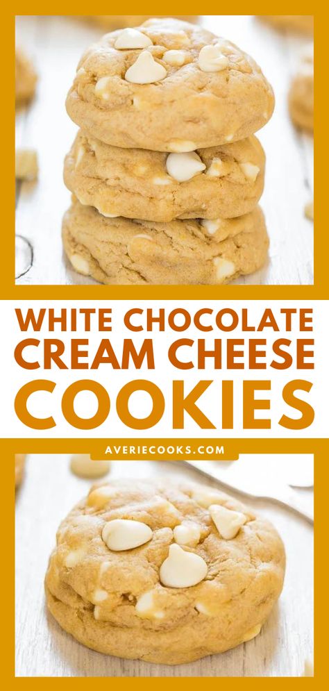 Cream Cheese White Chocolate Chip Cookies Recipe - Averie Cooks Chocolate Cream Cheese Cookies, White Chocolate Chips Recipes, White Chocolate Chip Cookies Recipes, Cream Cheese Cookie Recipe, White Chocolate Cream, Averie Cooks, White Chocolate Chip, Cheese Chips, White Chocolate Chip Cookies