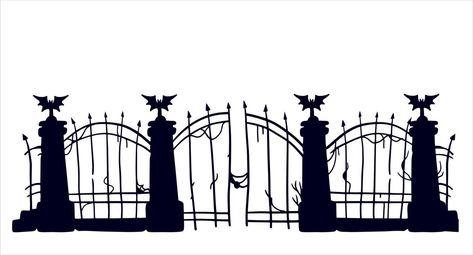 Halloween Decorations Illustration, Spooky Fence, Halloween Villages, Cemetery Halloween, Japanese Ornament, Comic Ideas, Old Fences, Halloween Silhouettes, Autumn Illustration