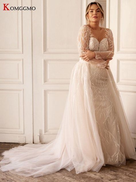 2022 Hot Sale O-neck Embroidery Appliques Tulle Mermaid Wedding Dress Elegant Detachable Train Full Sleeve Plus Size Bridal Gown - Wedding Dresses - AliExpress Wedding Dress Removable Skirt, Wedding Dress Corset Top, Removable Skirt Wedding Dress, Detachable Train Wedding Dress, Top Wedding Dress Designers, Plus Size Wedding Gowns, Gown Inspiration, Wedding Dress Train, Wedding Dresses Corset