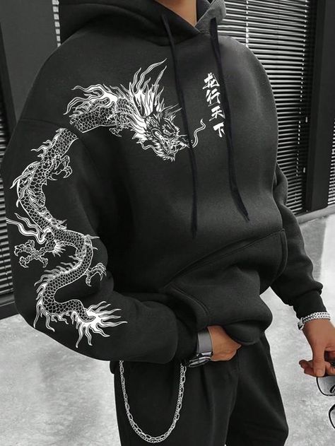 amazing quality although mine didn't come with a drawstring lmao Long Sleeve T Shirt Outfit Men, Graphic Hoodies Aesthetic, Estilo Harajuku, Dragon Chinese, Trendy Boy Outfits, Mens Casual Dress Outfits, Guys Clothing Styles, Men Plus Size, Plus Size Hoodies