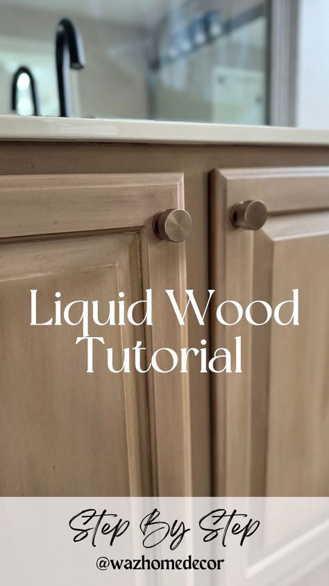 MICHELLE | Neutral Modern Home | Staining HACK!!! Here’s a liquid wood tutorial 🤩. Can you believe I didn’t sand these cabinets? And it cost me less than $50 to refinish… | Instagram How To Re Stain Kitchen Cabinets, Stained And Painted Cabinets Mixing, Staining Cupboards Kitchens, Staining Over White Paint, Distressed Cabinets Diy, Changing Cabinet Color, Neutral Kitchen With Wood Cabinets, Sand Color Furniture, How To Make White Cabinets Look Like Wood