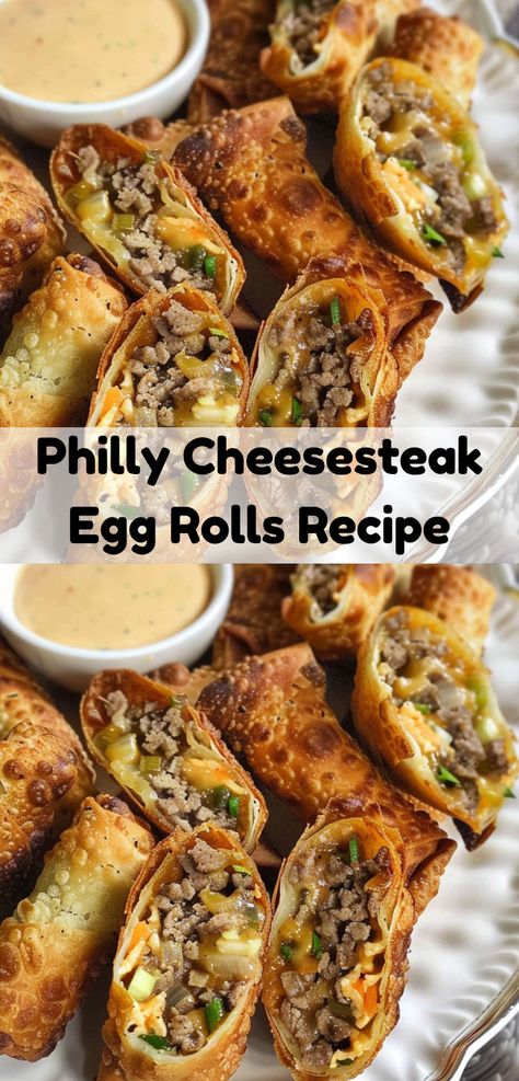 Easy Philly Cheesesteak Egg Rolls recipe with a crispy outside and savory beef and cheese inside. Great for snacks! Egg Roll Dipping Sauce, Philly Cheesesteak Egg Rolls, Egg Roll Filling, Egg Rolls Recipe, Philly Cheese Steak Recipe, Philly Steak, Cheesesteak Recipe, Chicken Broccoli Rice Casserole, Rice Casserole Recipes