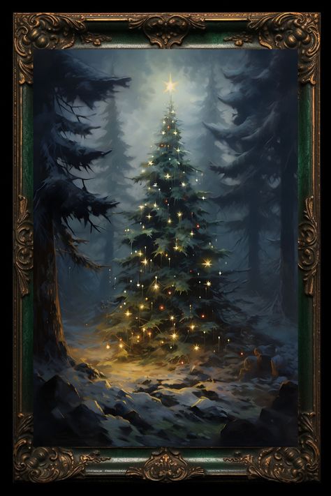 ✨ Description: Step into a winter wonderland with our captivating art print, "Enchanted Forest Yuletide." This exquisite piece brings the charm of Old World Christmas to life, featuring a magnificent tree adorned with timeless ornaments in the heart of a magical woodland. As the snowflakes gently kiss the forest floor, this artwork captures the essence of tradition and woodland whimsy, inviting you into a world where holiday magic dances among the trees. Let this art print grace your home, infusing your space with the enchantment of a Yuletide celebration straight out of a storybook. 🌲 Artistic Splendor: Meticulously crafted by our skilled artist, this Old World Yuletide Christmas Tree art print exemplifies artistic splendor. Every intricate detail, from the delicate baubles to the snow-d Old World Christmas Decorations, Yule Painting Ideas, Pagan Christmas Art, New Year Tree Drawing, Forest Christmas Aesthetic, Christmas Tree Oil Painting, Magical Christmas Tree, Winter Woodland Christmas Decor, Christmas Tree Painting Canvases