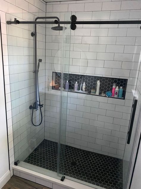 Tile Inserts In Showers, Bathroom Walking Shower Ideas, Small Shower Niche Ideas, Small Space Master Bath, 4x4 Walk In Shower Ideas, 4x5 Shower Ideas, Standup Shower Remodel, Tiny Shower Remodel, Shower Stall Remodel