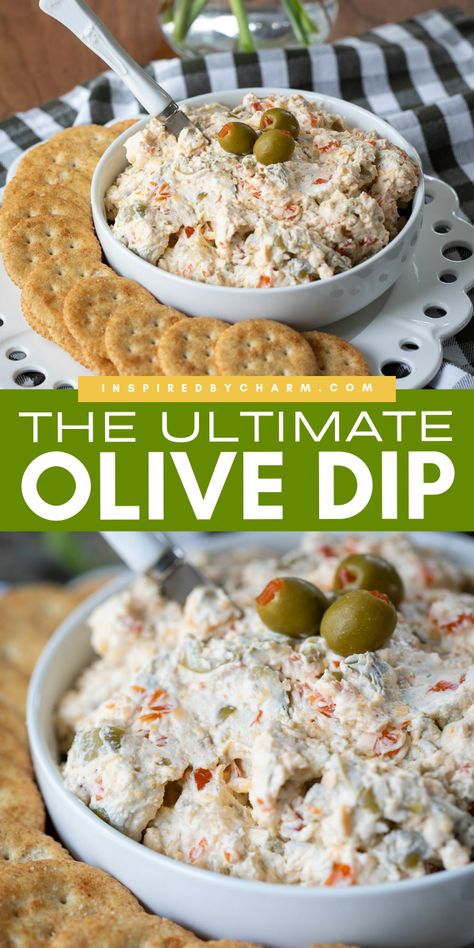 Create the perfect appetizer with this simple olive dip recipe! This dip combines the rich flavors of green olives, cheddar, and spices in a creamy, irresistible spread. You can serve it at your next family dinner or as a sophisticated addition to a charcuterie board at your upcoming party. Olive Dip Recipe Cream Cheeses, Olive Salad Dip, Easy Olive Dip, Cheese Dip Appetizers For Party, Jewish Olive Dip, Creamy Olive Dip, Pimento Dip Recipe, Olive Cheese Dip, Antipasto Dip Recipe