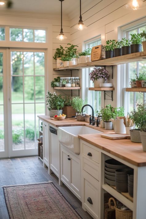 See exactly how best to use white kitchen cabinets to full effect with these tips and ideas. Kitchen With Shelf Instead Of Cabinets, Open Shelving Lower Cabinets Kitchen, Open Shelf Cabinets Kitchen, Kitchen Shelving Instead Of Cabinets, Open Shelving Farmhouse Kitchen, Shelves Across Kitchen Window, White Brick In Kitchen, White Kitchen With Shelves, Cottage Kitchen Open Shelving