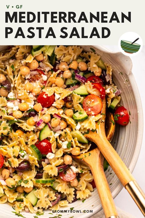 Chickpea Pasta Salad, Too Hot To Cook, Picnic Side Dishes, Mediterranean Chickpea, Mediterranean Pasta Salads, Vegan Pasta Salad, Greek Chickpeas, Vegan Feta Cheese, Mediterranean Pasta